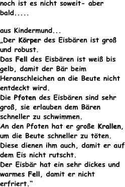 noch ist es nicht soweit- aber bald.....
aus Kindermund... „Der Körper des Eisbären ist groß und robust. Das Fell des Eisbären ist weiß bis gelb, damit der Bär beim Heranschleichen an die Beute nicht entdeckt wird. Die Pfoten des Eisbären sind sehr groß, sie erlauben dem Bären schneller zu schwimmen. An den Pfoten hat er große Krallen, um die Beute schneller zu töten. Diese dienen ihm auch, damit er auf dem Eis nicht rutscht. Der Eisbär hat ein sehr dickes und warmes Fell, damit er nicht erfriert.“