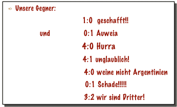 Unsere Gegner: 
Ghana                       1:0  geschafft!!
Serbien und                0:1 Auweia
Australien                 4:0 Hurra
England                     4:1 unglaublich!
Argentinien                4:0 weine nicht Argentinien
Spanien                      0:1 Schade!!!!!
Uruguay                     3:2 wir sind Dritter!